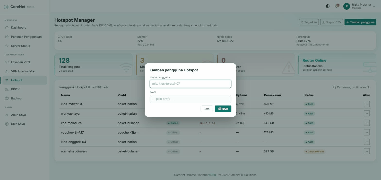 Animasi: menambah pengguna Hotspot dari portal — formulir diisi, perintah dikirim ke router, lalu pengguna baru muncul di tabel dan berstatus Online.